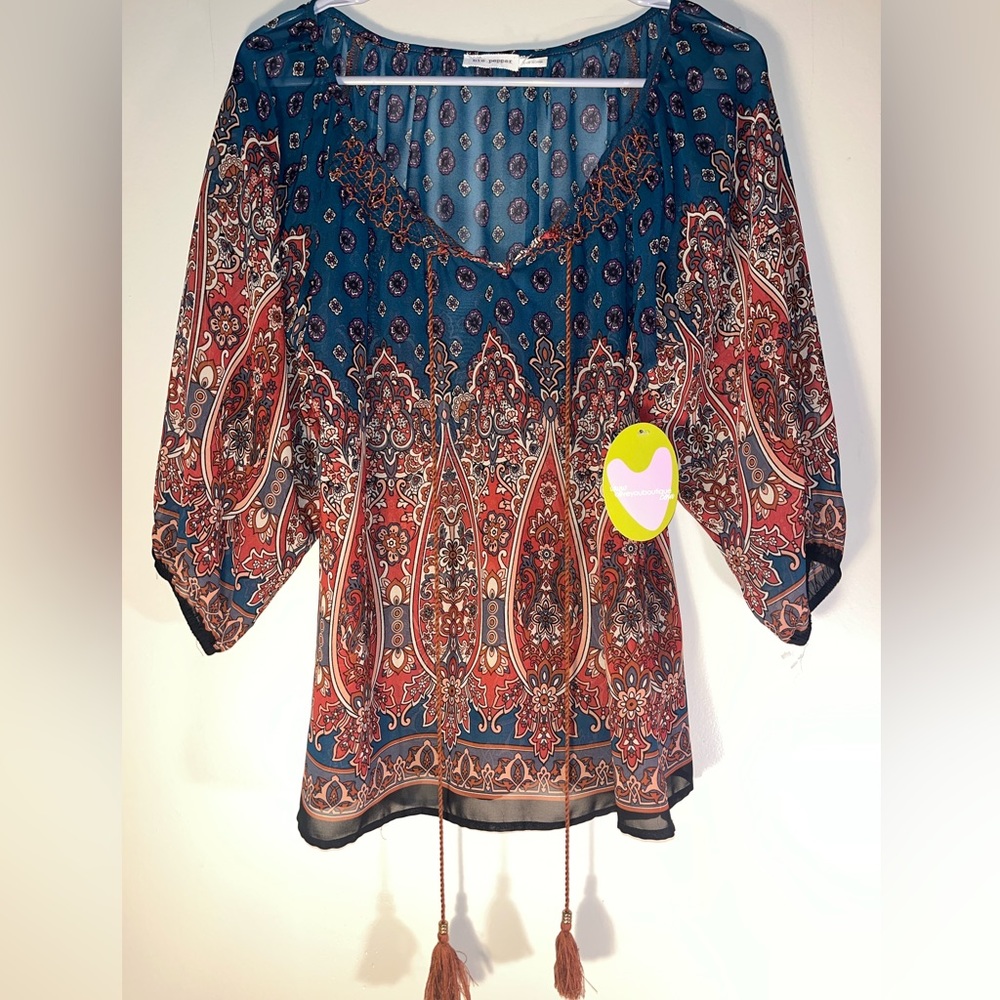 COPY - NWT Boutique Sheer Boho blu pepper Dark Blue/Teal Blouse with Tassels wi…